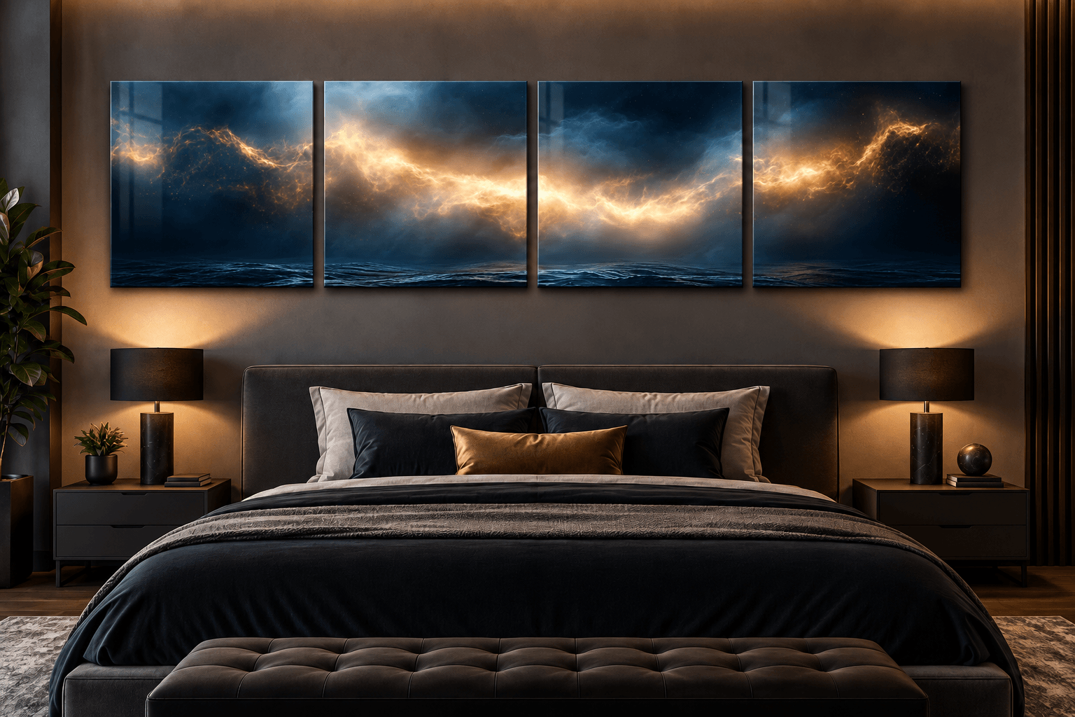 Dramatic amber storm glass wall art above a moody dark bedroom with black bedding and warm lighting